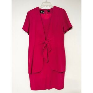 YL by Yair Magenta Pink 100% Silk 2-Piece Sheath Dress & Tie Front Jacket Set 6